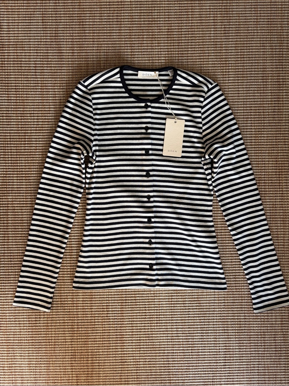 NWT Doen Amelie Cotton Button Cardigan Knit Top Black Nantucket Stripe White